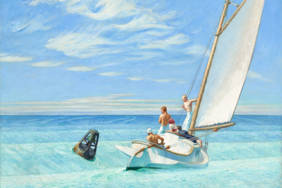 A buoy and a sailboat with three men and a woman tip at an angle on rolling aquamarine and azure-blue waves in this horizontal painting. The white wooden boat sails away from us toward the right side of the composition. Its unfurled sail is tinged with taupe and pale blue and attached to a pale wooden mast. The boat has a low cabin with round portholes on the side we can see. Two of the men are shirtless, tanned, and have their backs to us. One sits in the cockpit wearing a white hat with a short brim as he holds the tiller. The other man stands on the deck with his arms crossed. Beyond the standing man, the woman lies along the roof of the cabin, her head at about the height of the man’s chest. She is barefoot and lies on her stomach wearing long, blue pants and a watermelon-pink halter top and matching kerchief covering her hair. The third man stands to her right, his slender body angled toward us while holding onto the mast with one hand and rigging with the other. The woman and third man have noticeably pale skin. A buoy near the boat is battleship-gray with streaks of rust along its base and a copper-green bell inside. It floats just to the left of and tips toward the boat on a rising swell. The scene is lit by bright sunlight coming from the left side of the baby-blue sky with bands of feathery clouds, which takes up the top two-thirds of the composition. The artist signed the lower right, “EDWARD HOPPER.”
