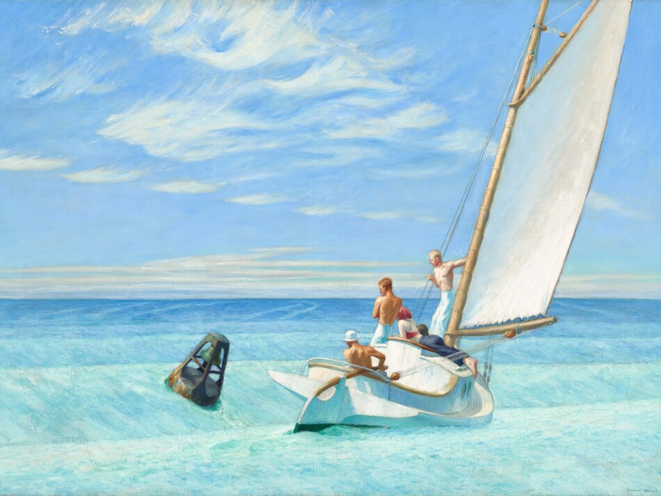A buoy and a sailboat with three men and a woman tip at an angle on rolling aquamarine and azure-blue waves in this horizontal painting. The white wooden boat sails away from us toward the right side of the composition. Its unfurled sail is tinged with taupe and pale blue and attached to a pale wooden mast. The boat has a low cabin with round portholes on the side we can see. Two of the men are shirtless, tanned, and have their backs to us. One sits in the cockpit wearing a white hat with a short brim as he holds the tiller. The other man stands on the deck with his arms crossed. Beyond the standing man, the woman lies along the roof of the cabin, her head at about the height of the man’s chest. She is barefoot and lies on her stomach wearing long, blue pants and a watermelon-pink halter top and matching kerchief covering her hair. The third man stands to her right, his slender body angled toward us while holding onto the mast with one hand and rigging with the other. The woman and third man have noticeably pale skin. A buoy near the boat is battleship-gray with streaks of rust along its base and a copper-green bell inside. It floats just to the left of and tips toward the boat on a rising swell. The scene is lit by bright sunlight coming from the left side of the baby-blue sky with bands of feathery clouds, which takes up the top two-thirds of the composition. The artist signed the lower right, “EDWARD HOPPER.”