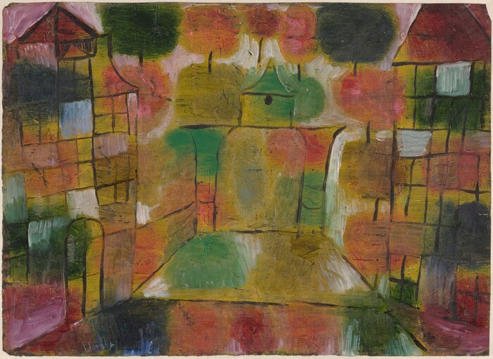 This painting displays intersecting lines and block shapes creating an abstract scene. Rectangular grids and curved lines evoke buildings or architectural structures, with two tall shapes on the left and right appearing like tall towers or walls with pointed roofs, and a shape in the center looking like an arch or an opening across a pathway or bridge. These shapes have been painted with black outlines, but within those outlines and overlapping with them are circles of bright green, yellow, pink, red, and dark blue, with some white between the circles. The paint has been applied thickly, with wide, visible brushstrokes.