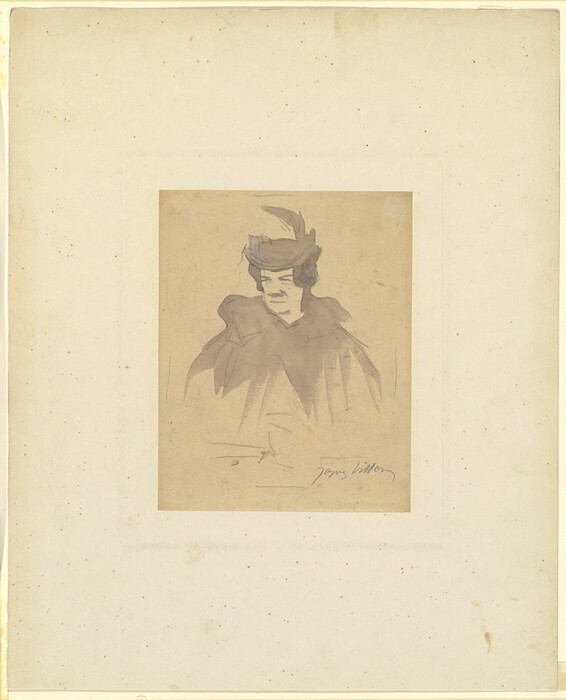 The image is a sketch depicting the upper half of a person's body, focusing on the head and shoulders. The person is positioned slightly at an angle, with their head turned to the side, looking away from the viewer. The facial features are minimal, with a basic outline depicting the eyes, nose, and mouth. The hair is short and dark, partially covered by a hat with a feather. The person is wearing what appears to be a cloak or coat with broad shoulders. There is a signature in the lower right corner of the image. The background is plain and beige, with minor spots and marks, giving it an aged appearance.
