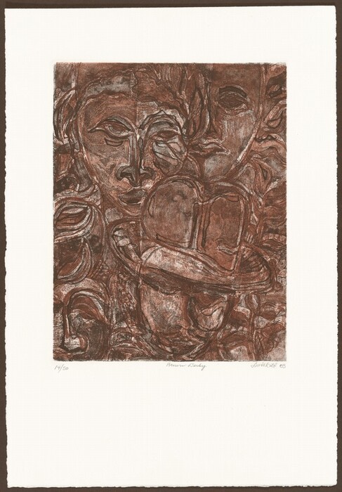 The image shows an intricate composition of swirling lines and overlapping shapes that come together to form multiple abstract human faces. Features resembling eyes, noses, and lips can be seen on these faces, intertwined within the complex web of lines. A central shape resembling a hat is also visible. The artwork presents abstract interpretations of faces and hats through fluid and textured forms, offering a layered visual experience.