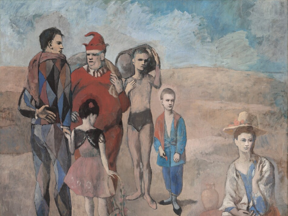 A group of three men, two children, and one woman gather in an empty, dusky rose-pink landscape under a blue, cloudy sky in this nearly square painting. Most of the people have muted, peachy skin, and the woman and the youngest boy have cream-white skin. The woman sits on the ground to our right, apart from the rest of the men and children. She wears a coral-red skirt, a beige shawl, and straw hat, and she looks into the distance to our right. The others stand in a loose semi-circle on the left half of the composition. A man wearing a multicolored, diamond-patterned costume stands with his back to us to the left. He looks to our right in profile and holds the hand of a little girl who also stands with her back to us. She wears a pink dress and white stockings, and her right hand rests on the tall handle of a white basket. A portly man wearing a scarlet-red jester’s costume and pointed hat stands opposite this pair, facing us to our right. Next to him to our right a young man wears a tan-colored leotard with a black bottom. He holds a barrel over his right shoulder and looks over to our right. The sixth person is the youngest boy, who wears a baggy blue and red outfit, and he looks toward the woman. The eyes of all the figures are deeply shadowed.