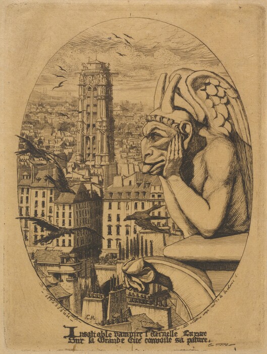 The image shows a stone gargoyle on the edge of a building overlooking a cityscape. A tall Gothic tower is prominent on the horizon line, surrounded by various buildings. The artwork features detailed brushstrokes and engravings, emphasizing texture. The color palette is monochromatic with shades of sepia. Birds are seen flying in the background sky.