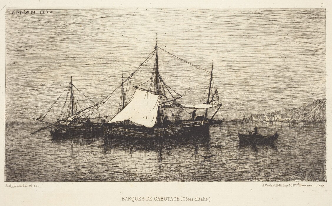 The image shows a view of several boats anchored close to us on a body of water. The boats have detailed masts and sails, showcasing the craftsmanship of the vessels. The largest boat in the center has a light-colored sail that stands out. Other boats are seen in the distance. A coastline with faint buildings and boats is visible on the horizon. The sky and water feature horizontal etchings, adding movement and texture. The color palette is primarily muted sepia and black tones. The etching strokes combine realism with artistic fluidity in creating a calm maritime scene.