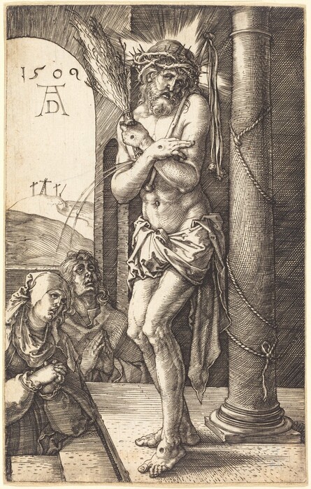 This is a drawing of a figure bound to a column. The figure is in a contrapposto stance, with arms crossed and tied with rope around a large column, wearing a crown of thorns. The expression on the figure's face is one of deep suffering. A radiant halo surrounds the head. Nearby, two smaller figures are depicted in the lower-left corner, appearing as observers to the central scene. In the background, a hill with three crosses can be seen. The artwork is detailed with lines and shading to create depth and mood.