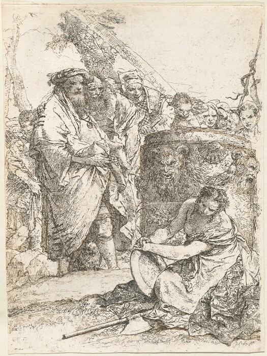 This is a drawing of a group gathered around a large barrel. The scene features intricate line work depicting people standing and sitting in a circle around the ornate barrel. One person is sitting and appears engaged with an object. The drawing's style showcases detailed textures and nuanced expressions.