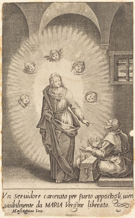 This is a print depicting a woman surrounded by cherubic heads. She stands in the center of the print, looking down and to the right. She is dressed in long, draped robes, and appears to glow with radiating lines of light. Around her, in this circle of light, are the heads of five children with wings around them. The woman points downward towards a man in the bottom right corner of the print. He sits on the ground, his legs in front of him, stuck inside holes in a wooden rectangle with a lock on the side. He is looking up at the woman, his arms bent and raised up in front of him. He has short, wavy hair and a beard, and he wears a long cloth garment. The scene is set in a space with large arches on the ceiling and a barred window on the right. Below the print are some lines of text.