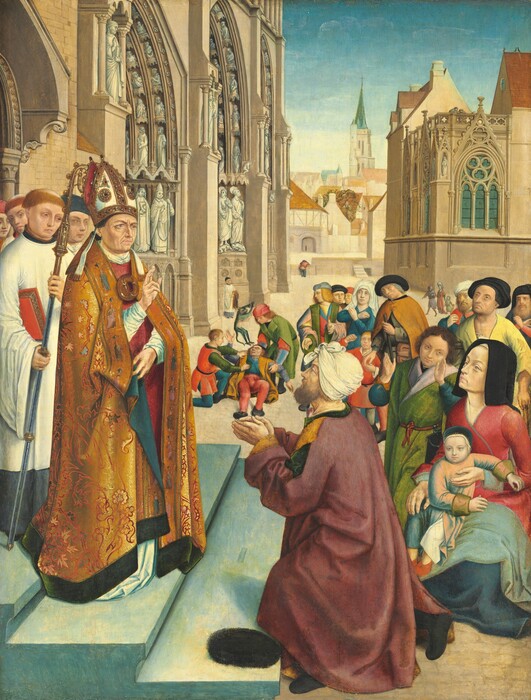 A bearded man kneels before a bishop in front of a crowd gathered outside a church in this vertical painting. The people all have pale skin. The bishop is to our left, though he stands angled to our right on the church steps. His face is lined and his eyebrows furrowed as he looks into the distance to our right. He holds up one hand with the thumb and first two fingers extended. His tall, pointed white mitre hat is widely edged with gold and jewels. A saucer-sized gold medallion fastens the two sides of his long, gold brocade robe. Under that, he wears a brick-red garment over a white shirt visible at his neck and wrists. Four clean-shaven clergymen stand behind him. The one closest to us wears white and his blond hair is cut into a ring around his head. He holds a hooked staff, a crozier, and his body blocks the others. The kneeling man, to our right, presses his hands together in prayer as he looks up at the bishop. The kneeling man wears an off-white cloth tied around his head and plum-purple, gold, and pine-green robes. A black, oval object, perhaps a cap, lies on the church step next to his knee. About fifteen men, women, and children line up beyond the kneeling man, forming a loose backward C-curve through the center of the scene. They are dressed in rose-pink, lemon or mustard-yellow, avocado-green, blue, or orange garments. At the back of the queue and seen in the near distance between the kneeling man and bishop, two men reach out to support a third man lying on the ground. The prone man looks with wild eyes and a gaping mouth at a green demon hovering overhead. The group occupies a plaza flanked by the beige stone church on the left and a large tan building with arched windows on the right. Statues and carvings fill the arched portals of the church beyond the bishop. The space is enclosed with more buildings set farther back from the two closer structures. A few wispy clouds float against the azure-blue sky overhead.