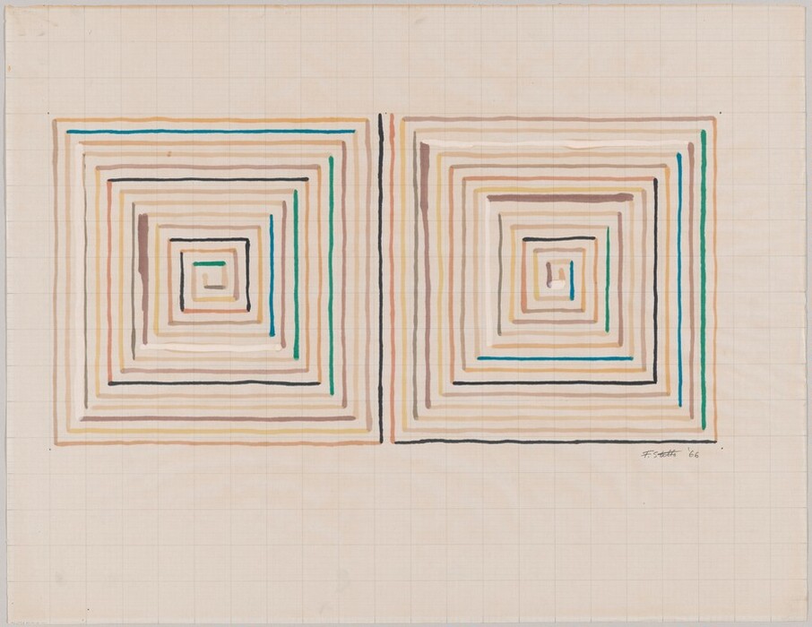 The image shows two adjacent sets of concentric square shapes composed of multiple colored lines. The design creates a sense of depth and symmetry. The alternating colors include shades of brown, blue, and black. The squares are positioned on a subtle grid background.