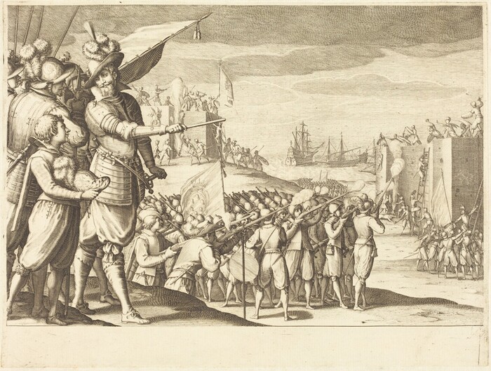 This is a drawing of a battle scene with soldiers, fortifications, and ships. The composition portrays a historical military engagement with soldiers wearing armor and plumed helmets, holding muskets and spears. In the foreground, officers direct the formation and attack. A group of soldiers is organized into a formation, some kneeling and some standing with weapons aimed. A fortified wall is depicted, with soldiers using ladders and firing from the top. In the distance, several masted ships suggest a maritime aspect to the scene. The style and execution exhibit meticulous linework and shading typical of engravings from the baroque period, reflecting a focus on detail, motion, and tension.