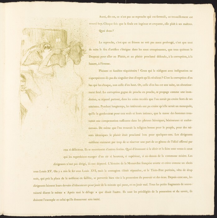 This is a drawing of a sketch and text piece. The drawing features faint pencil sketches of figures on the left side of the page. These sketches are merged with the background. To the right, the page is filled with printed text in French. This juxtaposition of image and text suggests a combination of artistic visual representation and literary content. The sketches appear to be drawn with a light hand and serve as an artistic embellishment to the text.