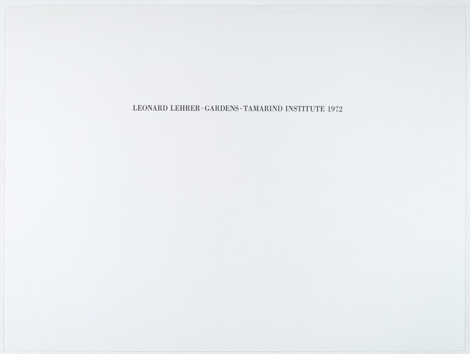 This is a painting of text centered on a plain white surface. The painting features simple, serif black text that reads "LEONARD LEHRER · GARDENS · TAMARIND INSTITUTE 1972". The design emphasizes textual presentation, with a focus on typography and negative space. The contrast between the black text and the white background highlights the clarity and simplicity of the message. This style is reminiscent of conceptual art.