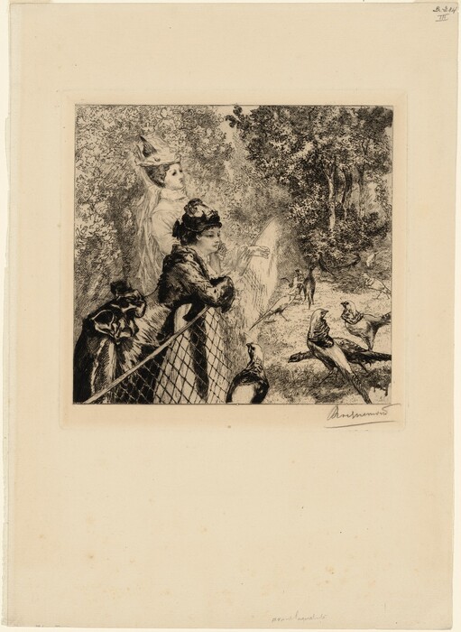 The image features two women shown standing from head to waist in a natural setting. The woman in the foreground is on the right, leaning her arms on a netted barrier. She has delicate facial features, intricate frilled hair, and wears a hat with floral decorations. She is dressed in textured, dark clothing. Behind her, the second woman is partially obscured by foliage, also wearing a flowing garment and a large decorative hat on her styled hair. Various exotic birds like peacocks and pheasants are depicted to the right of the women amidst trees and bushes. The background is filled with shrubs and leaves, creating a lush, ornate setting.