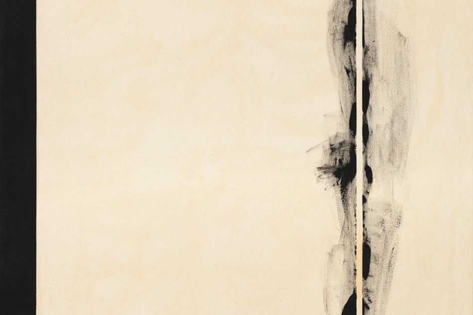 Two black bands span the height of this vertical canvas against a field of white mottled with shades of ivory, bone, and parchment in this abstract painting. A narrow, solid black stripe lines the left edge of the canvas, like the spine of a book. About a quarter of the way in from the right edge, black paint swirls and wafts like smoke on either side of a narrow white stripe the same color as the background. The artist signed and dated the painting in black paint in the lower right corner of the canvas: “Barnett Newman 1958.”