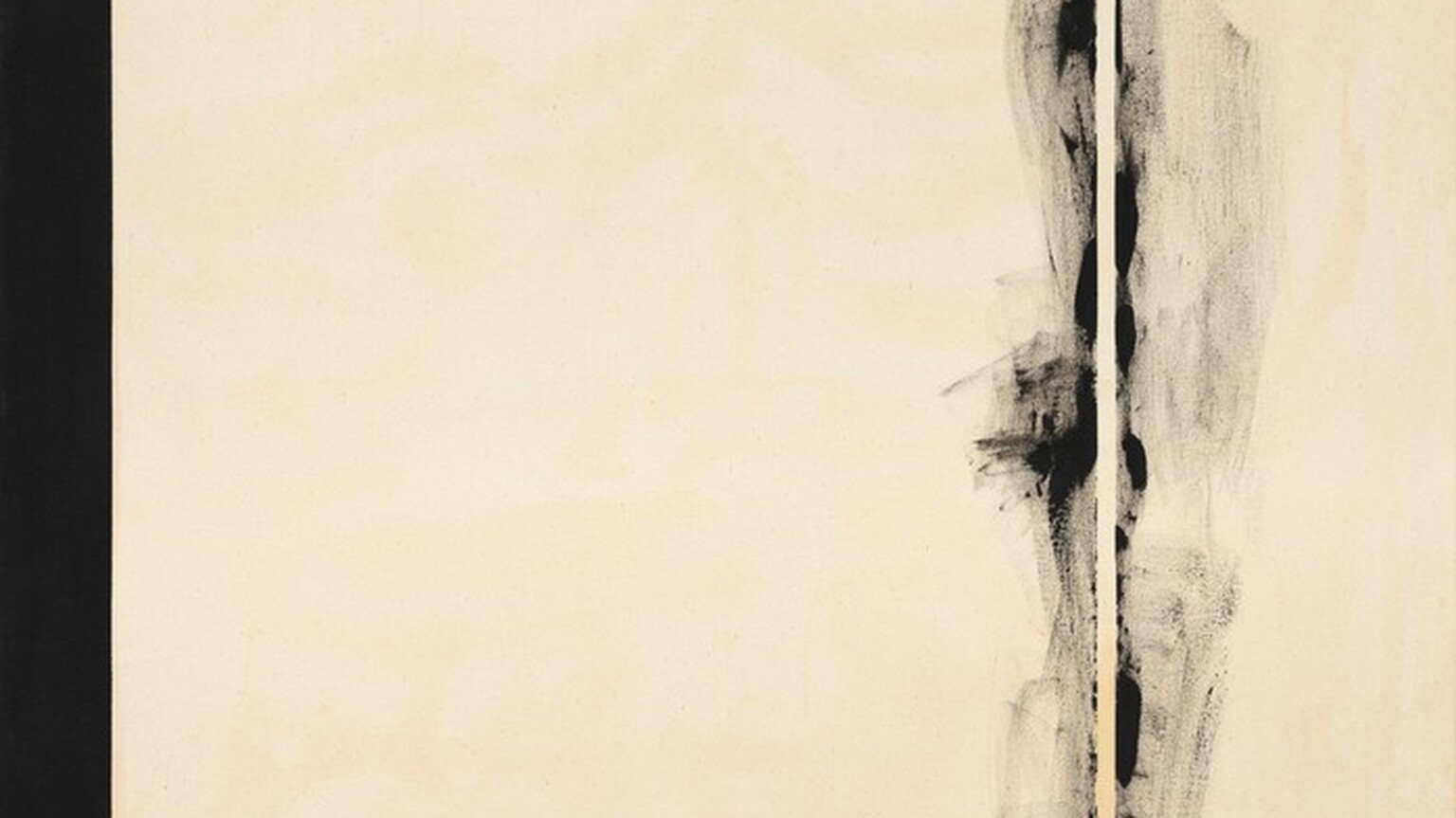 Two black bands span the height of this vertical canvas against a field of white mottled with shades of ivory, bone, and parchment in this abstract painting. A narrow, solid black stripe lines the left edge of the canvas, like the spine of a book. About a quarter of the way in from the right edge, black paint swirls and wafts like smoke on either side of a narrow white stripe the same color as the background. The artist signed and dated the painting in black paint in the lower right corner of the canvas: “Barnett Newman 1958.”