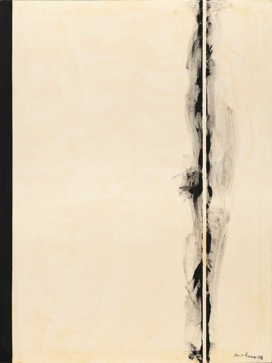 Two black bands span the height of this vertical canvas against a field of white mottled with shades of ivory, bone, and parchment in this abstract painting. A narrow, solid black stripe lines the left edge of the canvas, like the spine of a book. About a quarter of the way in from the right edge, black paint swirls and wafts like smoke on either side of a narrow white stripe the same color as the background. The artist signed and dated the painting in black paint in the lower right corner of the canvas: “Barnett Newman 1958.”