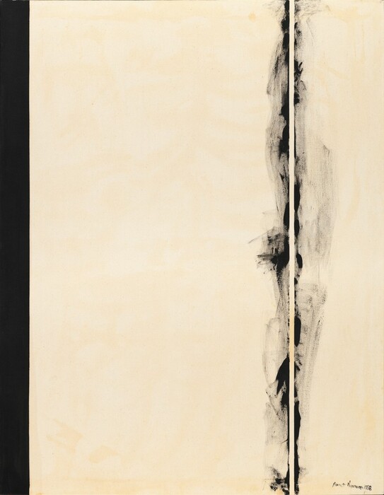 Two black bands span the height of this vertical canvas against a field of white mottled with shades of ivory, bone, and parchment in this abstract painting. A narrow, solid black stripe lines the left edge of the canvas, like the spine of a book. About a quarter of the way in from the right edge, black paint swirls and wafts like smoke on either side of a narrow white stripe the same color as the background. The artist signed and dated the painting in black paint in the lower right corner of the canvas: “Barnett Newman 1958.”