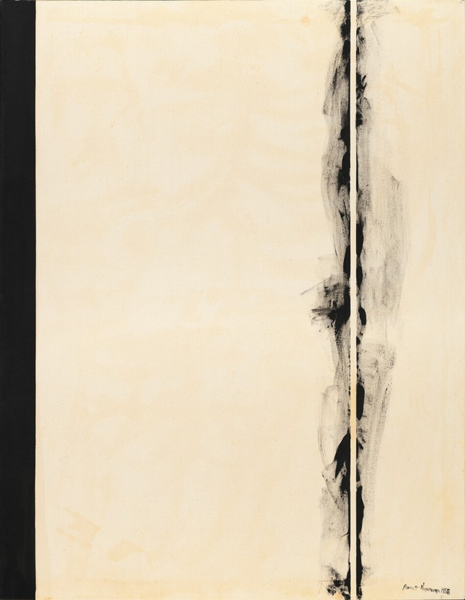 Two black bands span the height of this vertical canvas against a field of white mottled with shades of ivory, bone, and parchment in this abstract painting. A narrow, solid black stripe lines the left edge of the canvas, like the spine of a book. About a quarter of the way in from the right edge, black paint swirls and wafts like smoke on either side of a narrow white stripe the same color as the background. The artist signed and dated the painting in black paint in the lower right corner of the canvas: “Barnett Newman 1958.”