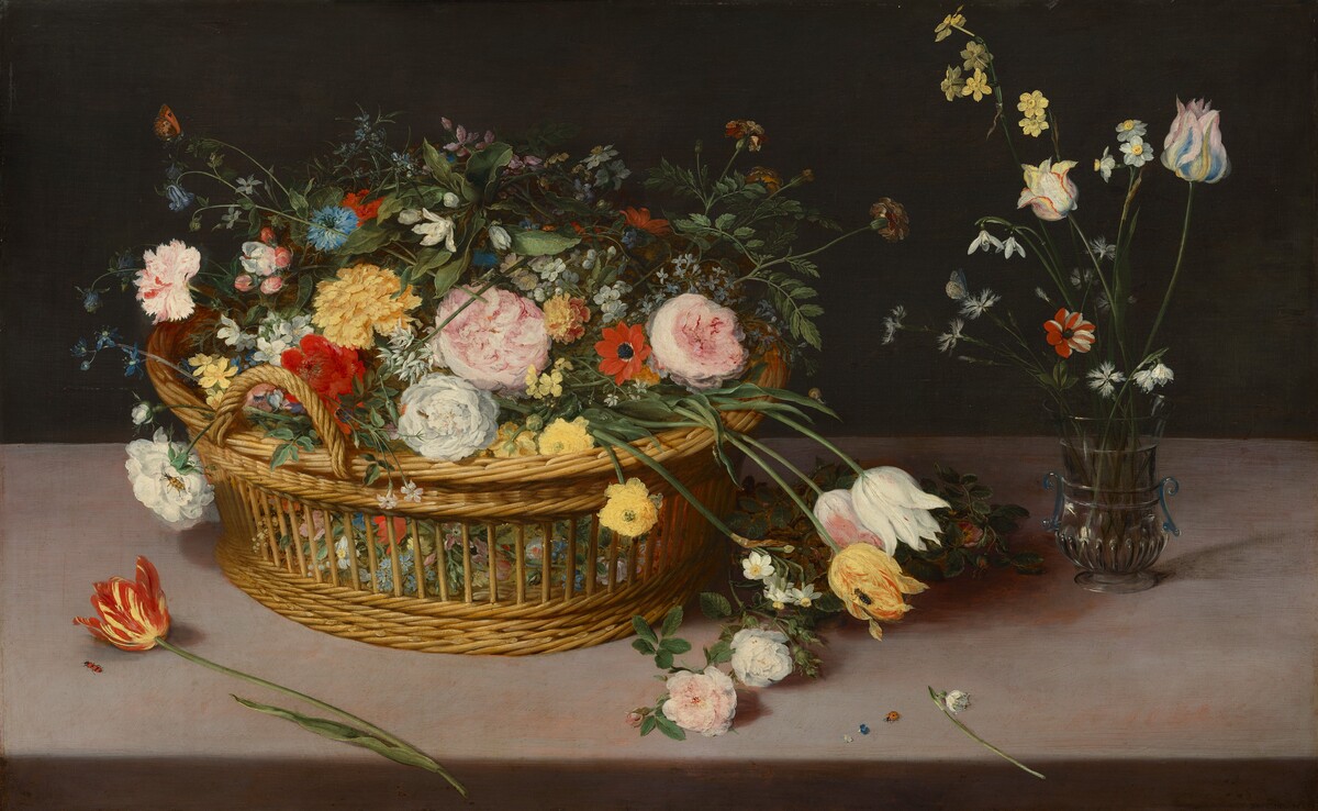 Flowers in a Basket and a Vase