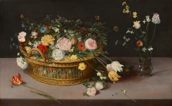 Flowers in a Basket and a Vase