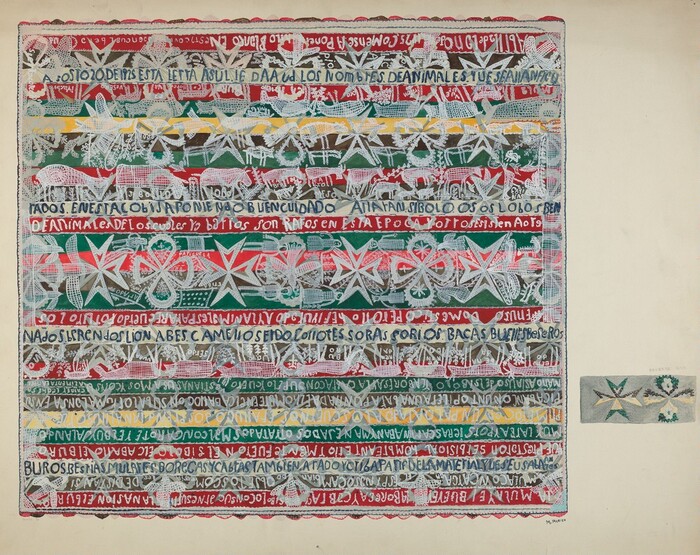 The image displays a complex arrangement of shapes and lines in horizontal bands, forming an intricate pattern. It features star-like shapes and diamond motifs resembling decorative sewing patterns. The background is colorful with sections of red, green, yellow, and brown. Handwritten text is present across the bands, adding complexity to the composition. The overall design could be reminiscent of a textile pattern or woven fabric, detailed and elaborate.