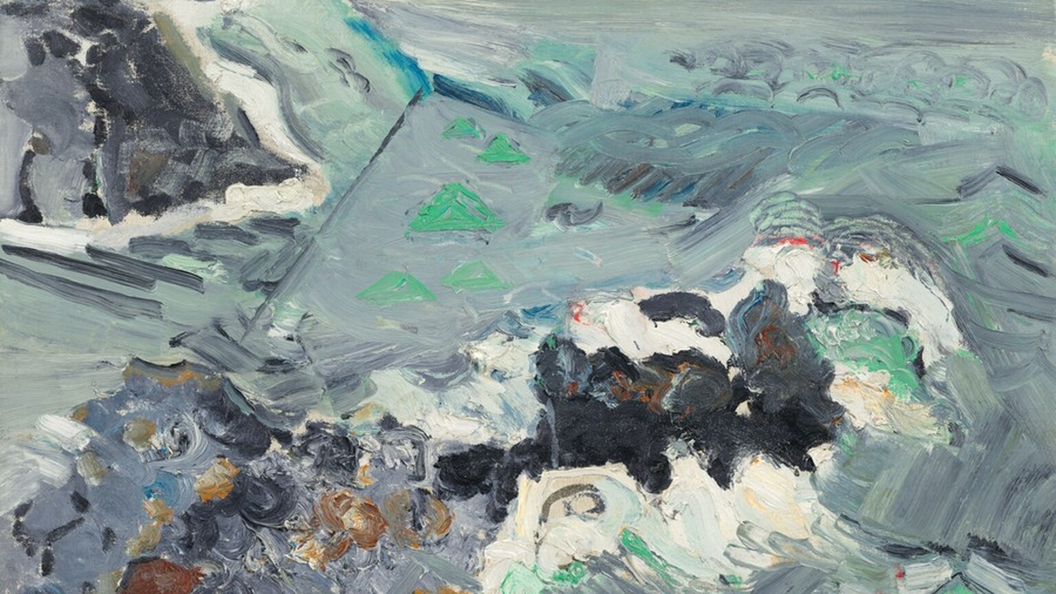 Bold strokes and textured squiggles of light teal, muted peacock blue, chestnut-brown, and gray create the impression of a churning sea beneath an oyster-white sky in this abstracted painting. Near the center of the composition, lime-green triangles against a larger patch of slate gray march toward the high horizon line. More green triangles line the lower edge of the canvas. The upper left is filled by a tall, sloping mound of gray and smoky purple layered with strokes of black. The artist signed and dated the painting in the lower right, “Marin 38.”