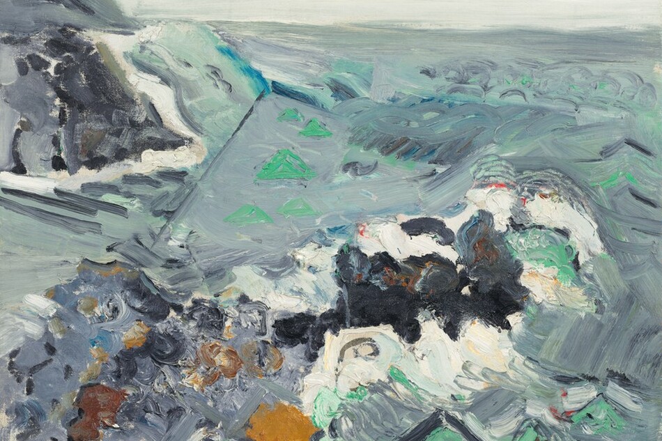Bold strokes and textured squiggles of light teal, muted peacock blue, chestnut-brown, and gray create the impression of a churning sea beneath an oyster-white sky in this abstracted painting. Near the center of the composition, lime-green triangles against a larger patch of slate gray march toward the high horizon line. More green triangles line the lower edge of the canvas. The upper left is filled by a tall, sloping mound of gray and smoky purple layered with strokes of black. The artist signed and dated the painting in the lower right, “Marin 38.”