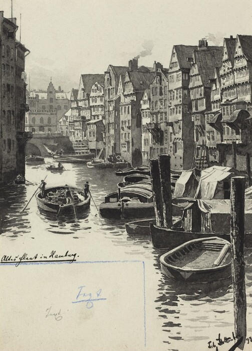 The image shows a canal lined with boats on both sides. Buildings with steeply pitched roofs and narrow facades are in the background. The color palette is monochromatic, with varying shades of black, gray, and white. Several boats are moored to wooden posts on the right, reflecting in the water. A boat is navigating down the canal. In the distance, a bridge supports more buildings.