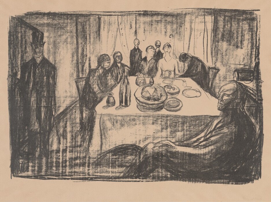 Multiple figures are positioned around a dining table. Some figures are fully shown while others appear partially due to their positions. In the foreground, a figure is seated at the table, leaning back in a relaxed manner. Behind the table, several figures are seated and engaged in a meal, with one figure standing to the left, partially obscured by shadows. The figures exhibit minimal facial detail and simplistic hair styling. The clothing is dark and flowing. The table is set with plates, a bowl, and bottles. The background shows shadowy walls and draped curtains in a dimly lit room.