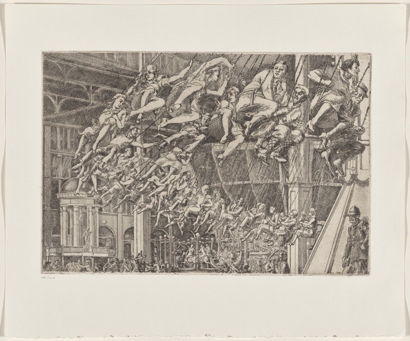 This is a drawing featuring numerous figures in a dynamic scene. The image shows figures sitting on swings within an industrial or architectural interior with high ceilings and steel beams. The figures appear to be in motion, with some rising into the air. The setting includes architectural elements such as arches and columns. The figures have diverse attire, poses, and expressions, creating a dynamic composition. The drawing includes heavy line work and detailed cross-hatching for texture and depth.