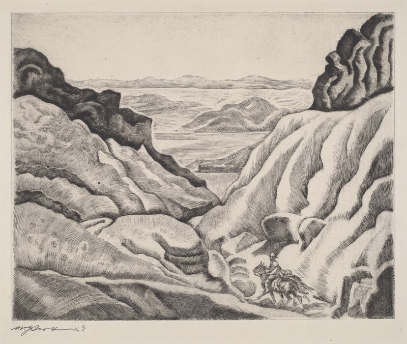 The image shows a landscape view with a winding path flanked by rocky formations. A lone rider on horseback travels along the path. In the background, distant hills stretch across the horizon. The artist uses intricate etching techniques with fine, curved lines to create textures on the rocks, and subtle, horizontal lines for the distant hills. The color palette is monochrome with shades of gray to emphasize the rugged terrain and create a dramatic atmosphere.