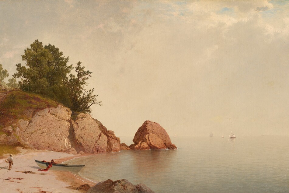 A pink-toned sandy beach meets a placid body of pale blue water under a hazy sky in this horizontal landscape painting. To our left, the beach curves like a letter C to end in the near distance with a terracotta-orange rocky outcropping and a boulder, which comes halfway across the composition. Muted green trees grow atop the outcropping, and the left half is blanketed in moss or grass. A white rowboat has been pulled into the sand about halfway along the beach. One person sits or crouches inside, and a red cloth or net hangs over the side closer to us. A person wearing a straw hat, white, long-sleeved shirt, and brown pants carries a basket over one arm as they walk away from us, not far from the rowboat. The water is very light blue where it laps gently at the shore but is washed by diffuse sunlight to parchment white in the distance. The horizon, which comes a third of the way up the canvas, nearly blends into the milky white bank of clouds above. A few sailboats are near the horizon on the right half of the painting, and a few small patches of blue sky show through the clouds in the upper right corner.