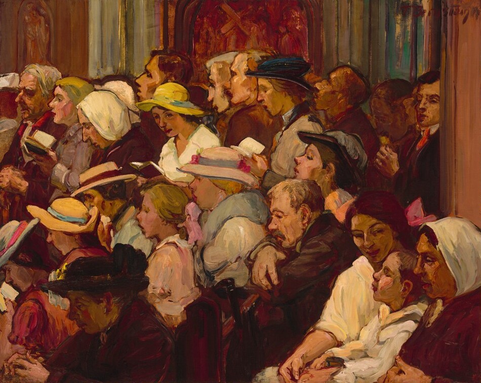 This painting features a large group of people sitting closely together and facing the left, primarily shown from the waist up. The people all appear to have light skin, although some are in shadow, and they have a variety of facial expressions and clothing styles, with many individuals wearing hats. The people appear serene, and some have their mouths open as if they were speaking or singing. The group is a mix of men, women, and children, some holding open books. They are dressed in shades of white, brown, light pink, and yellow. The background appears to show architectural elements, including red and brown walls and blue areas which could be windows. The brushstrokes of the painting are thick and visible, especially in the background and on the clothes of the people.