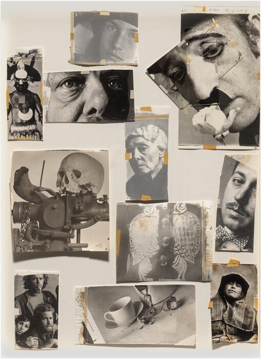 This is a collage made of various black and white images. The collage features close-up shots of facial features, such as eyes and facial expressions, alongside more abstract images like a cup and saucer, a skull on a mechanical device, and artifacts with intricate textures or patterns. Some photos are taped at the corners with masking tape, and the positioning varies, with some overlapping. The use of black and white gives the composition a classic appearance, highlighting the details and textures in each piece.