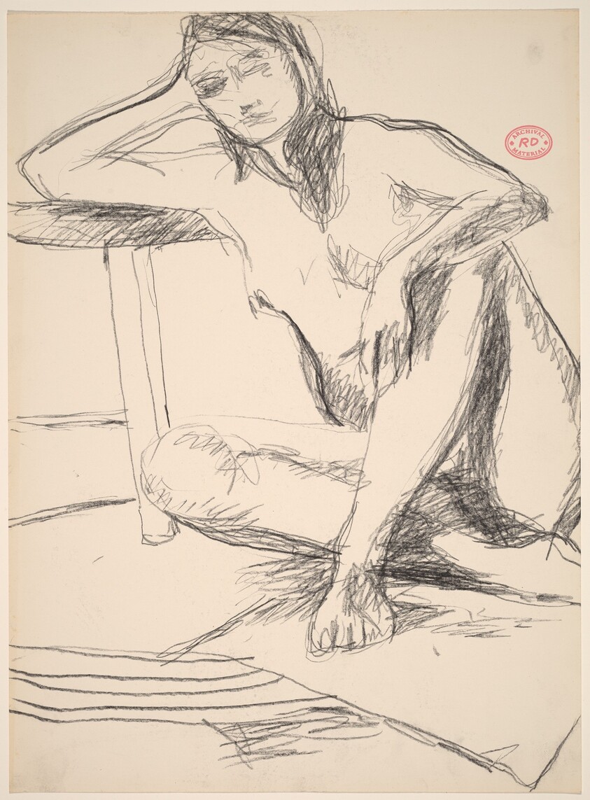 Untitled [seated model leaning with her right arm on a stool]
