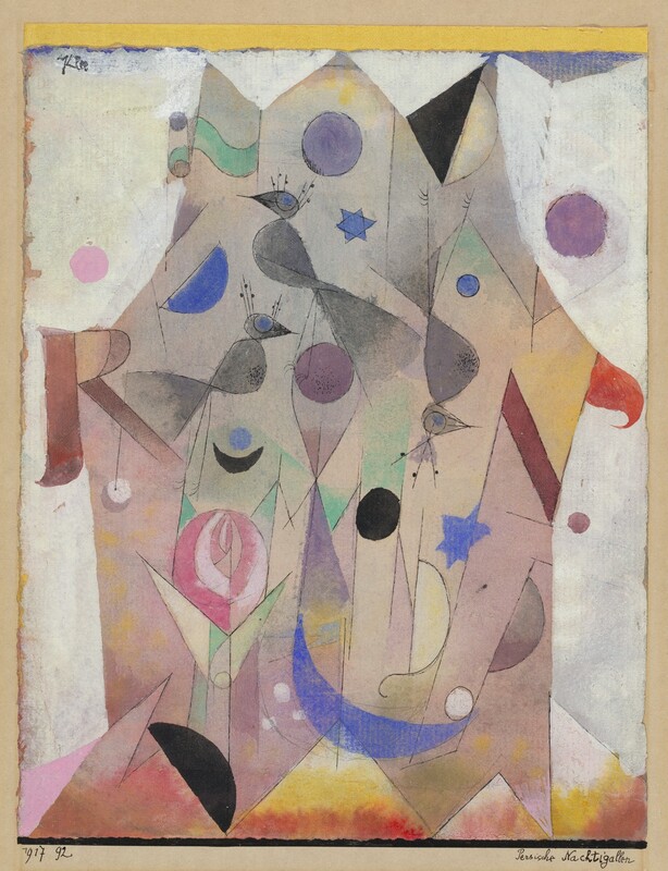 Circles, stars, birds, and crescent shapes are painted against a tent-shaped structure in this pale-toned, abstracted watercolor and drawing. The tent shape has three peaks near the top and is stepped across the bottom. Where what might be called the roof flares over the straighter side walls are an R to the left and, to the right, an N with a curling, red swirl off the top right stem of the letter. Three gray birds with oversized blue eyes are painted in a field of other geometric shapes in shades of cobalt blue, muted purple, mint green, and faint yellow. A cluster of nested, curving pink lines in the lower left corner suggest a rose. The background is mostly white with three circles in shades of purple, and the paper is saturated with red and yellow that bleed into each other across the bottom edge. The artist signed the top left corner of the paper, “Klee.” The watercolor is mounted on cardboard. On that cardboard is written, “1917 92” to the lower left and “Persische Nachtigallen” to the lower right.