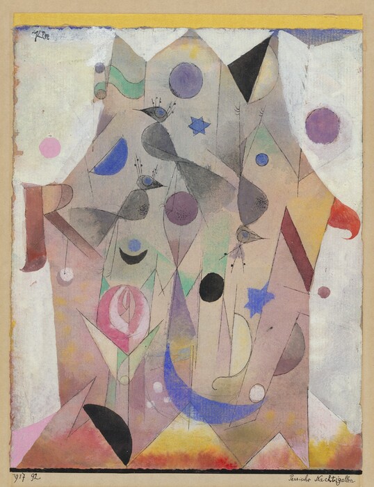 Circles, stars, birds, and crescent shapes are painted against a tent-shaped structure in this pale-toned, abstracted watercolor and drawing. The tent shape has three peaks near the top and is stepped across the bottom. Where what might be called the roof flares over the straighter side walls are an R to the left and, to the right, an N with a curling, red swirl off the top right stem of the letter. Three gray birds with oversized blue eyes are painted in a field of other geometric shapes in shades of cobalt blue, muted purple, mint green, and faint yellow. A cluster of nested, curving pink lines in the lower left corner suggest a rose. The background is mostly white with three circles in shades of purple, and the paper is saturated with red and yellow that bleed into each other across the bottom edge. The artist signed the top left corner of the paper, “Klee.” The watercolor is mounted on cardboard. On that cardboard is written, “1917 92” to the lower left and “Persische Nachtigallen” to the lower right.