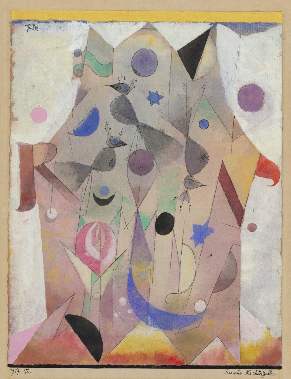 Circles, stars, birds, and crescent shapes are painted against a tent-shaped structure in this pale-toned, abstracted watercolor and drawing. The tent shape has three peaks near the top and is stepped across the bottom. Where what might be called the roof flares over the straighter side walls are an R to the left and, to the right, an N with a curling, red swirl off the top right stem of the letter. Three gray birds with oversized blue eyes are painted in a field of other geometric shapes in shades of cobalt blue, muted purple, mint green, and faint yellow. A cluster of nested, curving pink lines in the lower left corner suggest a rose. The background is mostly white with three circles in shades of purple, and the paper is saturated with red and yellow that bleed into each other across the bottom edge. The artist signed the top left corner of the paper, “Klee.” The watercolor is mounted on cardboard. On that cardboard is written, “1917 92” to the lower left and “Persische Nachtigallen” to the lower right.