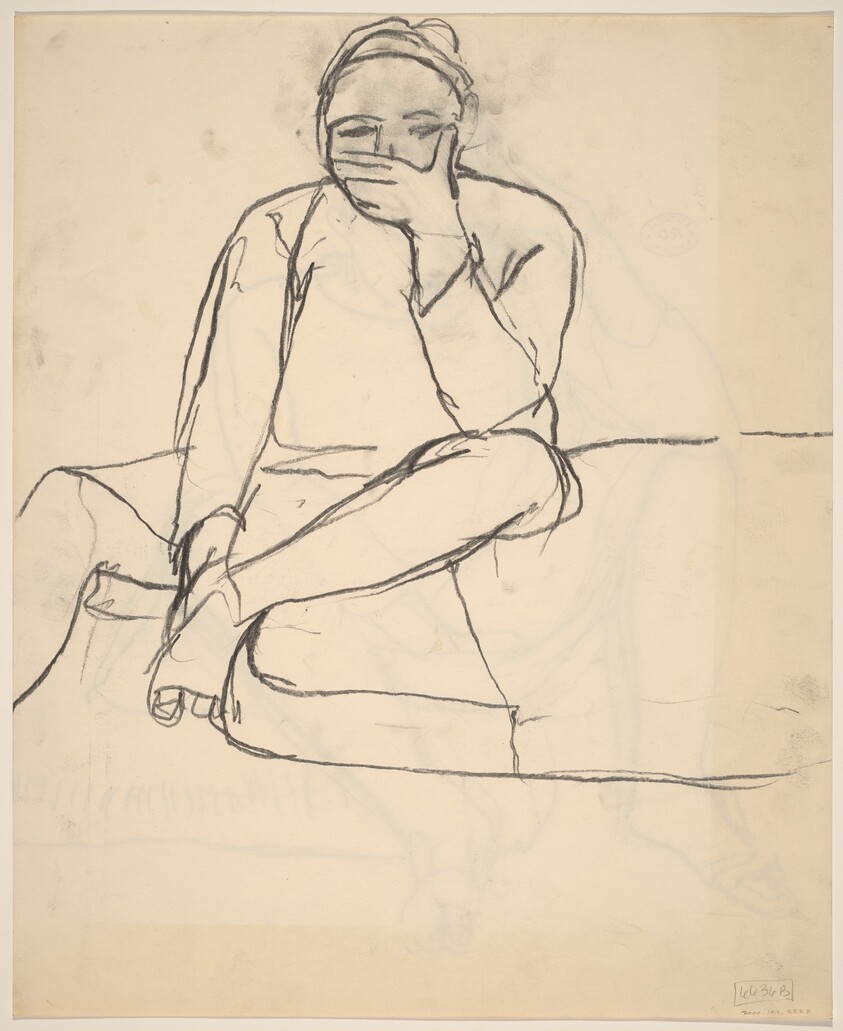 Untitled [woman seated at the edge of a cushion with hand covering her mouth]