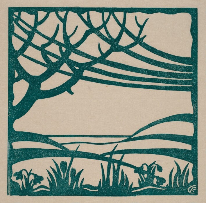 The image displays a view from a slightly elevated perspective, featuring a bold, linear design. The horizon is positioned around the upper third of the composition, framed by sweeping branches. In the distance, rolling hills can be seen. The drawing uses clean, graphic lines with a print-making technique. The color palette is minimal, with teal on a cream background. Closest to us, there is a silhouette of plants and flowers.