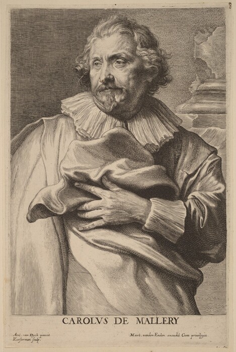 The image is a portrait engraving of a man identified as Carolus de Mallery. He is depicted in a three-quarter view, with defined facial features, a short beard, mustache, and medium-length wavy hair. He is wearing a garment with a large ruffled collar, and his right arm is crossed in front of him, holding onto draped fabric. His expression is contemplative as he looks into the distance. There is no visible jewelry, and his left hand is resting on the fabric. The background consists of crosshatched lines and an architectural element, possibly a column, is visible to his right.