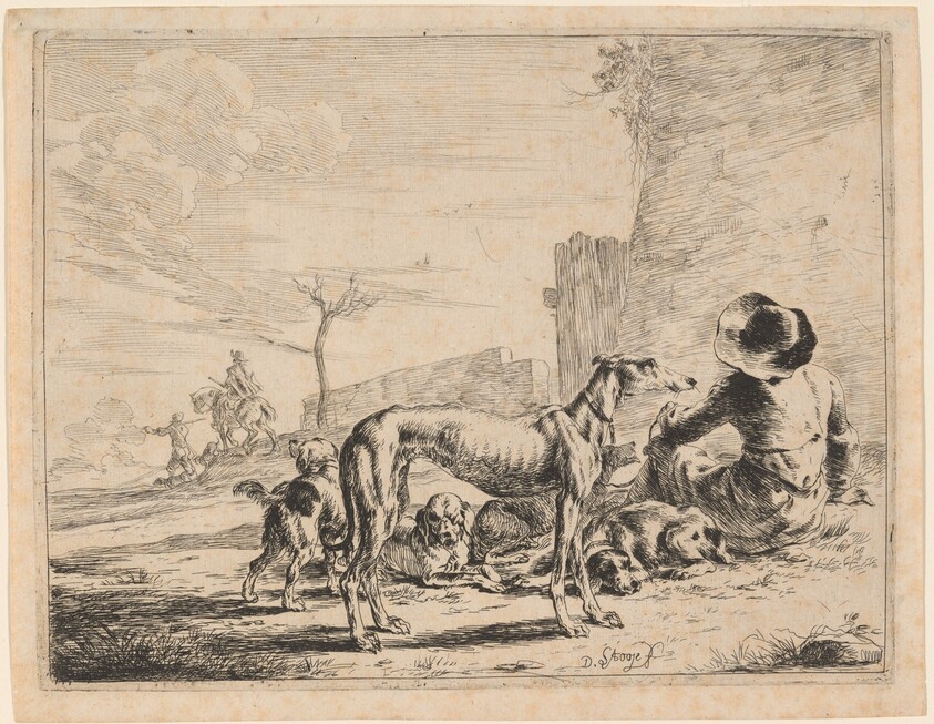 A Seated Man with a Pack of Dogs