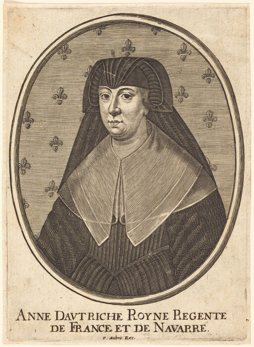 The image is a bust-length portrait. The individual is positioned facing the viewer. They have a rounded face, almond-shaped eyes, a closed mouth, and their hair is covered by a large headpiece. They are wearing a dark garment with a high collar and a geometric pattern, featuring a wide collar extending over their shoulders. The background has a pattern of fleur-de-lis symbols. The border around the image is oval, framing the figure centrally. There is text identifying the individual as Anne d'Autriche, Queen Regent of France and Navarre.