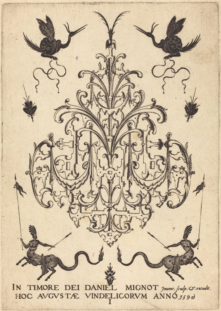 Title-Page: Brooch, Snail-like Animals  Above, Centaurs with Banners at Bottom