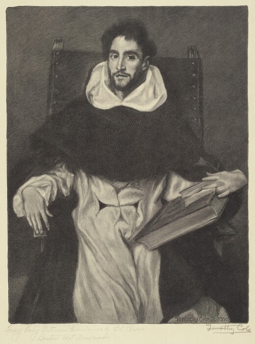 The image shows a man seated sideways in a chair. He is holding an open book, with one arm resting on the armrest. He has distinct facial features with a short beard, a mustache, and deep, focused eyes. He has tousled dark hair and wears a robe with a large white collar and an inner garment peeking out. The background is dark.