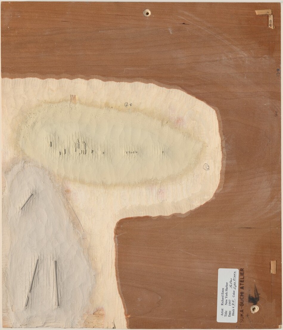 The image shows a wooden surface with abstract shapes and textures. A large, irregular oval shape with a creamy, pale yellow color and textured striations dominates the center. Around it are patches of raw wood and brown hues. Below the oval is a triangular, grayish smudge with sharp, dark strokes.