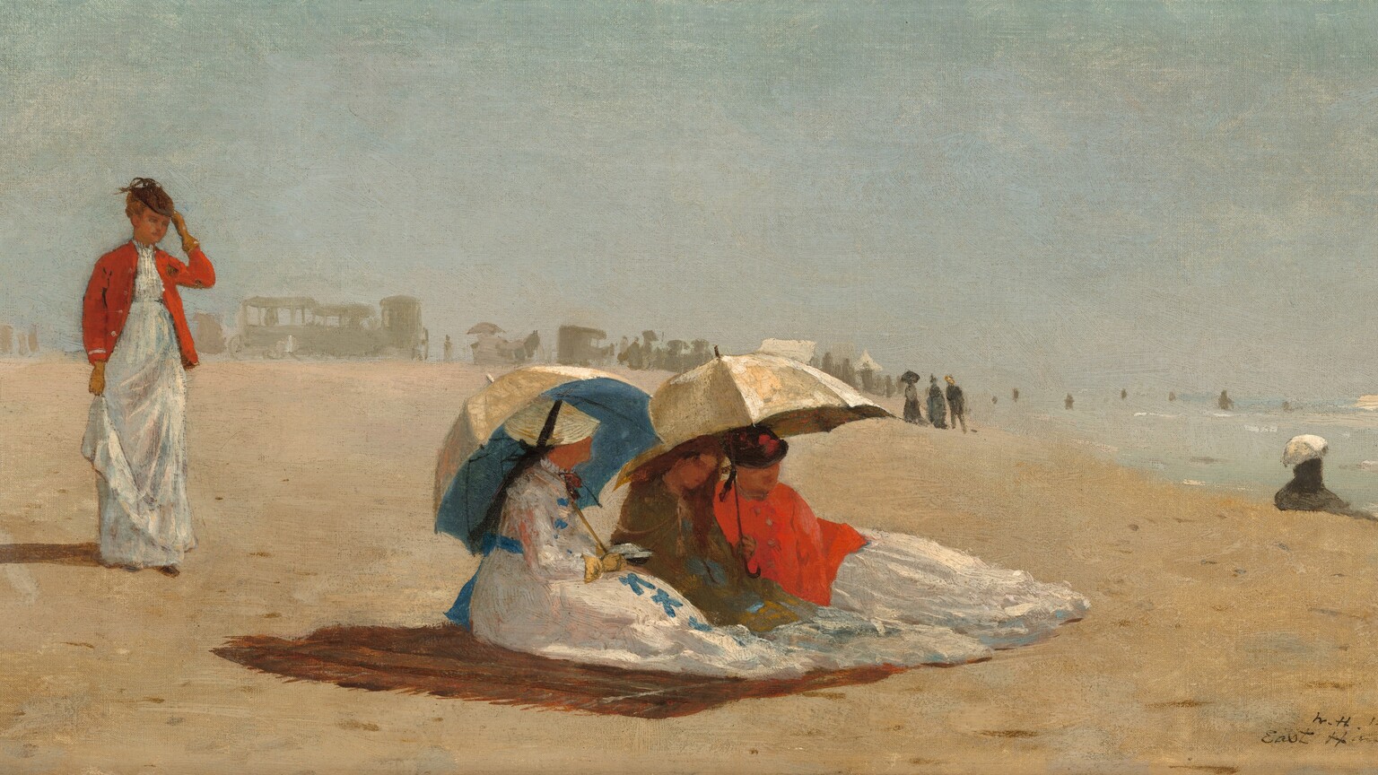Four women with pale, peach skin, wearing long white dresses, stand or sit on a sunny beach in this wide, horizontal painting. People and carriages are painted as hazy gray silhouettes spread along the beach in the distance. The silhouettes span the left half of the horizon, which comes halfway up the painting. To our right, the water is a pale blue with loose strokes of white, light gray, and ice blue to suggest waves and surf. On the pale sand, three of the women sit close to us, huddled under two broad parasols on a brown blanket. Their bodies face the water, and their features and clothing are loosely painted. The woman closest to us has a white dress with lapis-blue bows down the front and a blue sash tied at her back. Her flat, round, straw-yellow hat is tied onto her head with a black bow. She wears a yellow glove on the hand we can see, and she props one parasol over her far shoulder. The inside of the parasol is bright blue, the outside cream white. The other two women sit together under the second parasol, also cream colored. In the center of the trio, the woman wears an olive-green shawl or wrap, and her reddish-brown hair might be loose over her shoulders. The third seated woman wears a bright red wrap and a dark hat. A bit behind these women, a fourth stands looking toward them or the water. She also wears a long white dress under a vivid red jacket and a small brown cap. She holds her skirt with one hand and touches her hat with another gloved hand. Another loosely painted form farther back along the beach appears to be a woman wearing black and holding a white parasol. The artist signed and dated the painting with the location in the bottom right corner: “W. H. 1874 East Hampton L. I.”