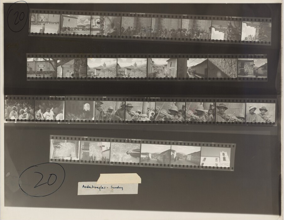 This is a black-and-white film contact sheet with a series of film strips displaying various images. Each strip contains small individual frames capturing scenes, likely taken outdoors. The images consist of structures, people, landscapes, and streets with mountain backgrounds. Two circles labeled with the number '20' and a handwritten label "Andahuaylas - Sunday" are visible.