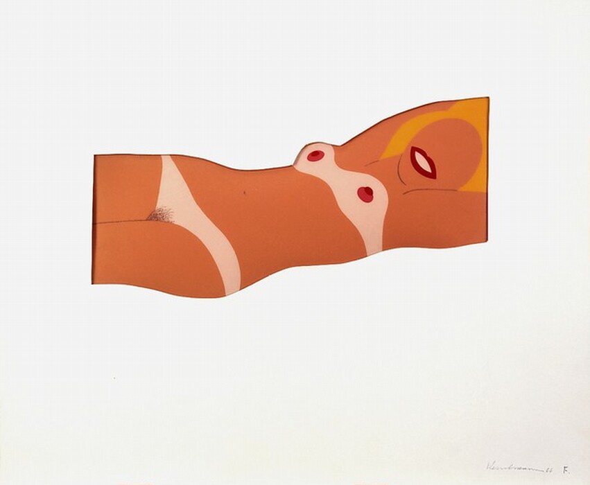A nude, light-skinned woman reclines on her back with her arms stretched overhead in this abstracted, horizontal screenprint. Her body is cropped at mid-thigh to our left and the top of her head and her arms beyond the elbows are cropped to the right. Her face, hair, and body are created with areas of flat color. Most of her rust-orange skin appears deeply tanned, which contrasts with strips of pale, shell pink where a bikini would be, across her hips and around her breasts. There is a tuft of pubic hair where her thighs meet and round, cherry-red nipples with darker tips on her breasts. Her stylized, cartoonish, smiling mouth is burgundy red around a field of faint pink for her teeth. Her mouth is the only feature on her oval face, which is surrounded by a shape suggesting amber-yellow hair between upstretched arms.
