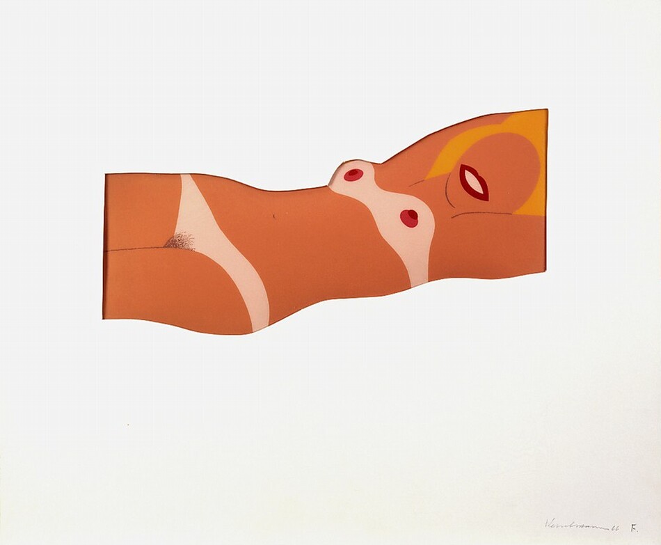 A nude, light-skinned woman reclines on her back with her arms stretched overhead in this abstracted, horizontal screenprint. Her body is cropped at mid-thigh to our left and the top of her head and her arms beyond the elbows are cropped to the right. Her face, hair, and body are created with areas of flat color. Most of her rust-orange skin appears deeply tanned, which contrasts with strips of pale, shell pink where a bikini would be, across her hips and around her breasts. There is a tuft of pubic hair where her thighs meet and round, cherry-red nipples with darker tips on her breasts. Her stylized, cartoonish, smiling mouth is burgundy red around a field of faint pink for her teeth. Her mouth is the only feature on her oval face, which is surrounded by a shape suggesting amber-yellow hair between upstretched arms.